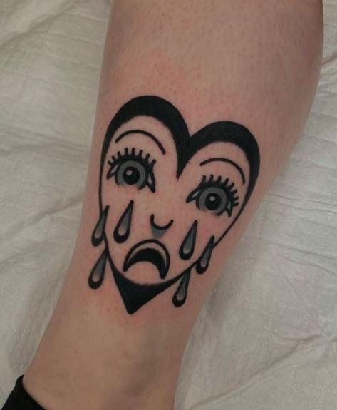 Green Eyed Crying Heart Leg Tattoo