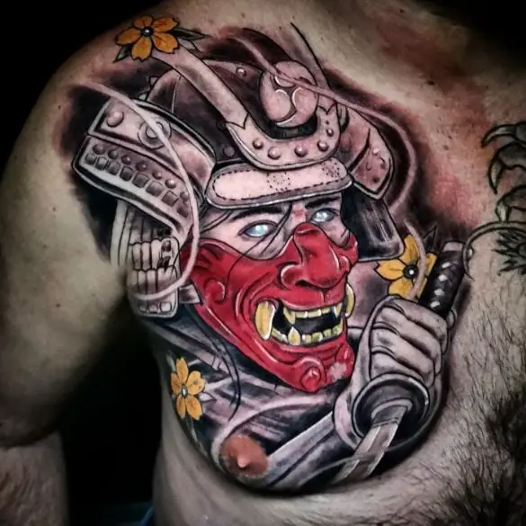 Red Samurai Mask Chest Tattoo