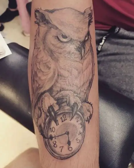 Owl and Clock Forearm Tattoo