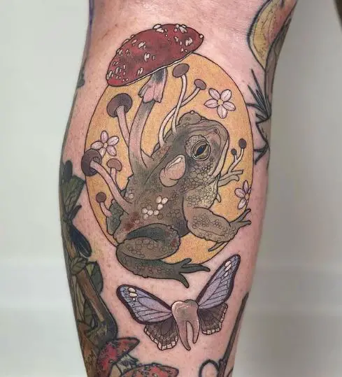 Colorful Frog and Mushrooms Tattoo