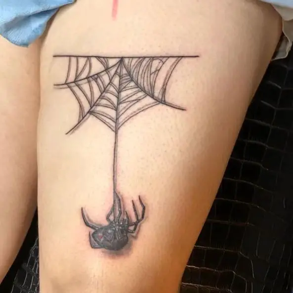 Black Widow Hanging on Spider Net Thigh Tattoo
