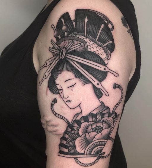 Black and Grey Geisha with Hand Fan Arm Tattoo