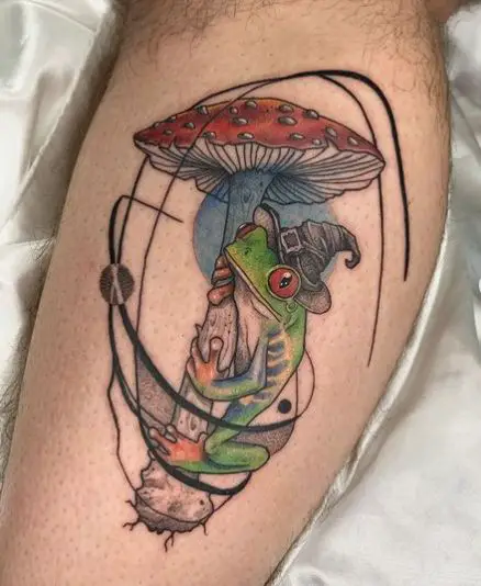 Colored Mushroom with Frog Leg Tattoo