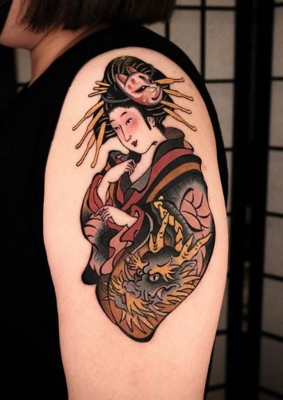 Dragon and Geisha with Cat Arm Tattoo