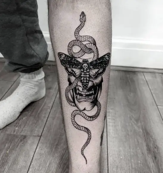 Snake and Death Moth Leg Tattoo