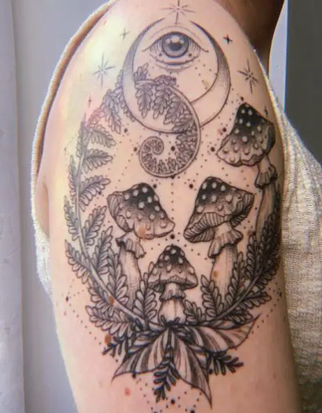 Eye and Mushrooms with Leaves Arm Tattoo