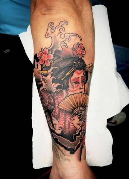Flowers and Geisha with Fan Forearm Tattoo