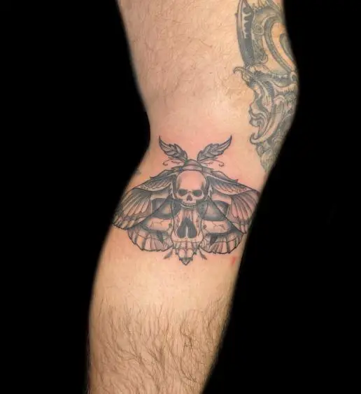 Skull and Death Moth Leg Tattoo