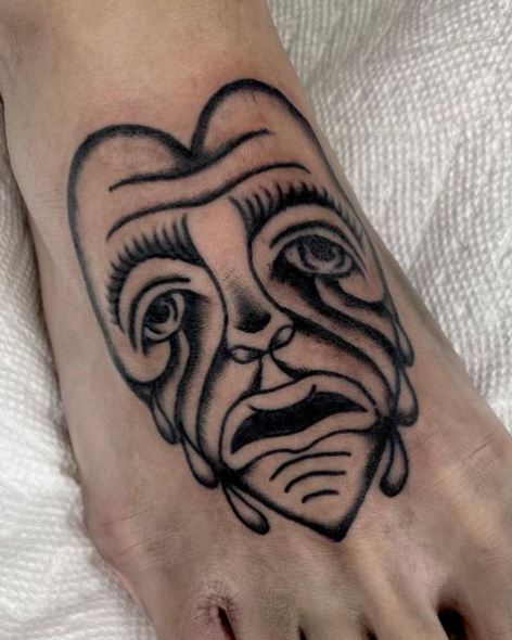 Old Face Crying Heart Foot Tattoo