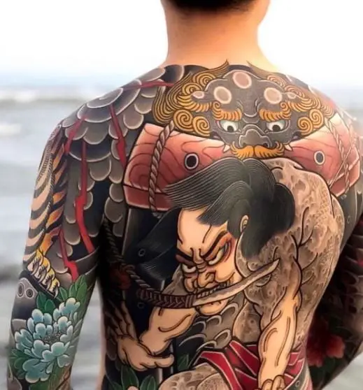 Colorful Samurai with Knife Back Tattoo