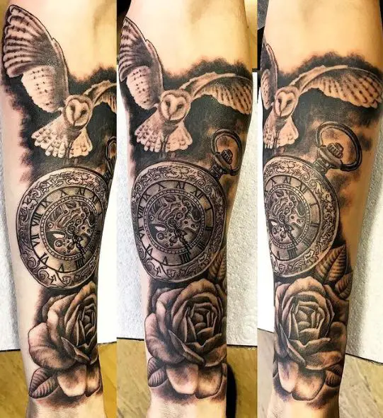 Owl and Rose with Pocket Watch Forearm Tattoo