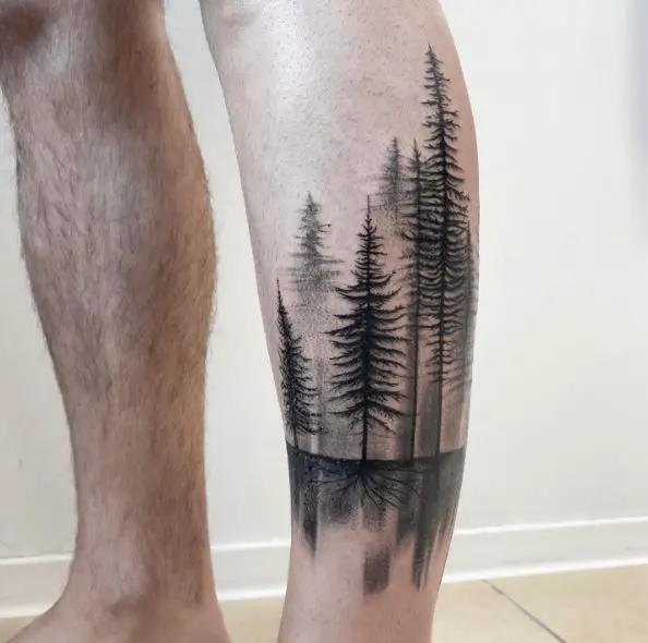 Foggy Pine Trees Forest Leg Tattoo