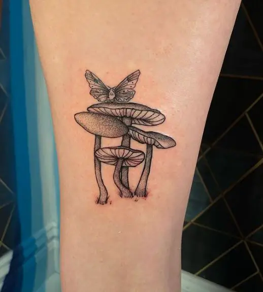 Grey Butterfly and Mushrooms Leg Tattoo