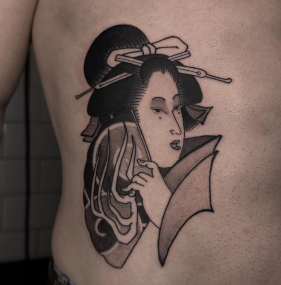 Geisha with Fan Ribs Tattoo
