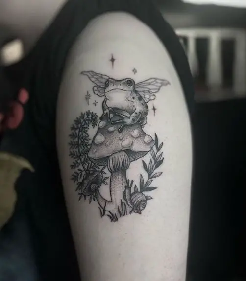Flying Frog and Mushroom Arm Tattoo