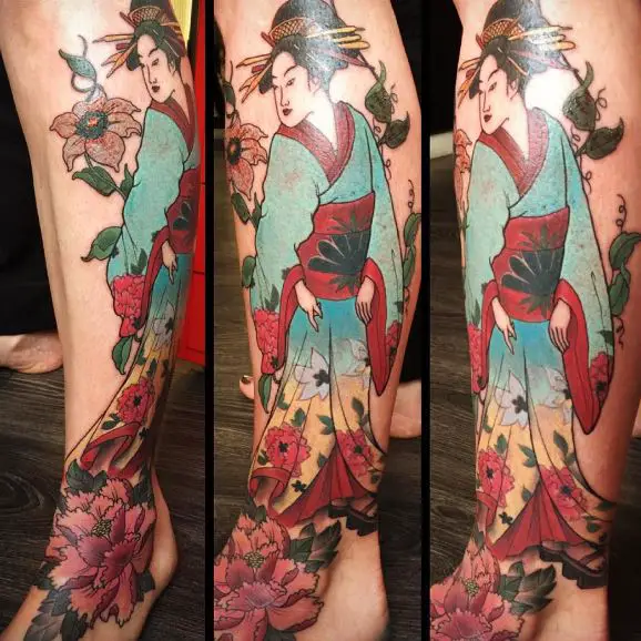Colorful Peonies and Geisha Leg Tattoo