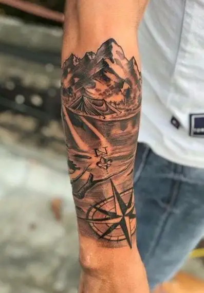 Landscape with Clock Forearm Tattoo
