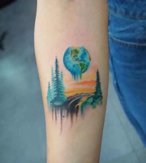 Colorful Pine Forest Landscape Arm Tattoo