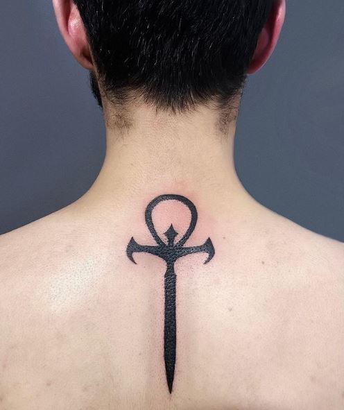 Black Ankh Spine Tattoo