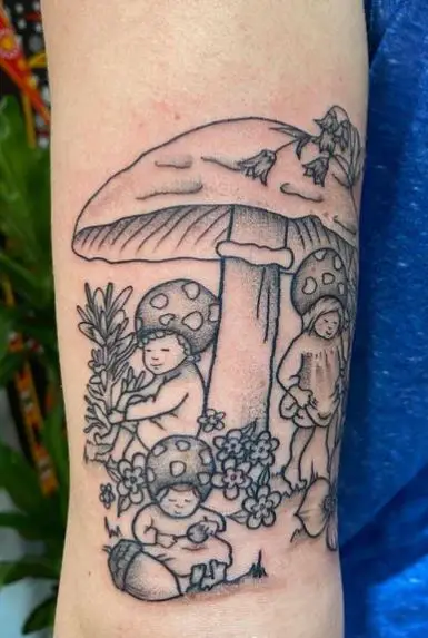 Children under Mushroom Arm Tattoo