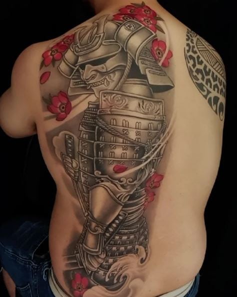 Red Flowers and Samurai Back Tattoo