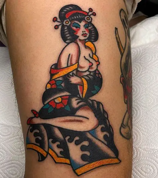 Colored Naked Geisha Tattoo