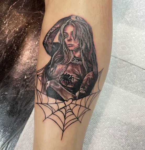 Girl and Black Widow Leg Tattoo