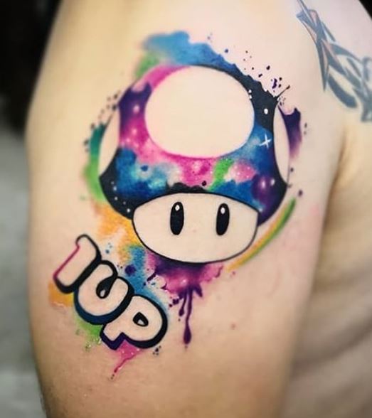 Colorful Super Mario Mushroom Shoulder Tattoo