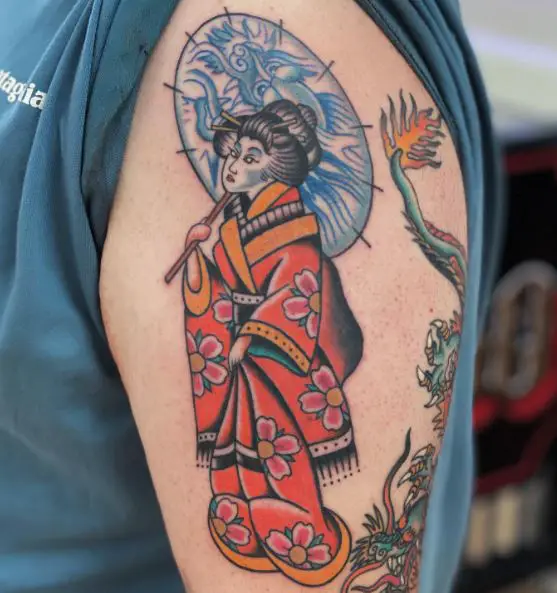 Dragon and Geisha with Blue Umbrella Arm Tattoo