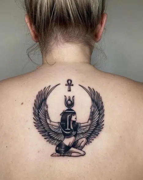 Goddess Isis and Ankh Back Tattoo