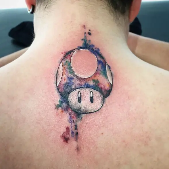 Colored Super Mario Mushroom Spine Tattoo