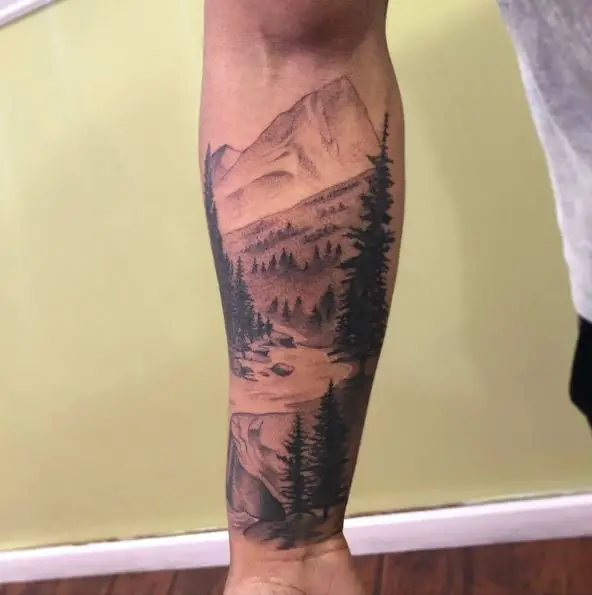 Mountain and Pine Trees Forest Tattoo