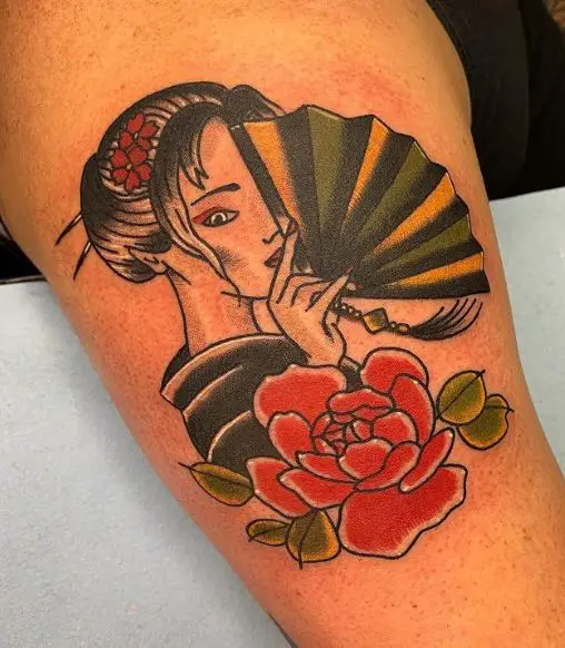 Red Rose and Geisha with Hand Fan Arm Tattoo