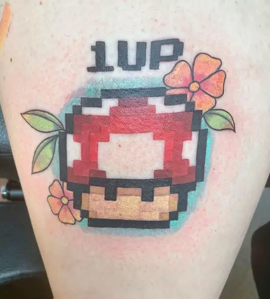Super Mario 1UP Mushroom Leg Tattoo