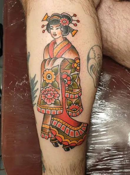 Geisha in Floral Kimono Leg Tattoo