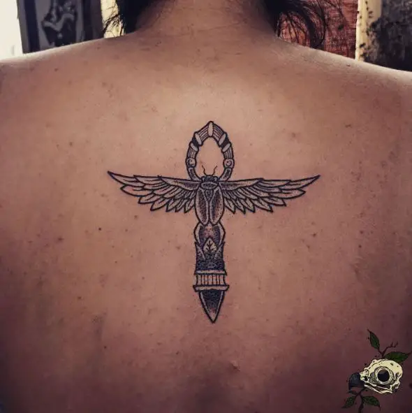 Scarab and Ankh Spine Tattoo