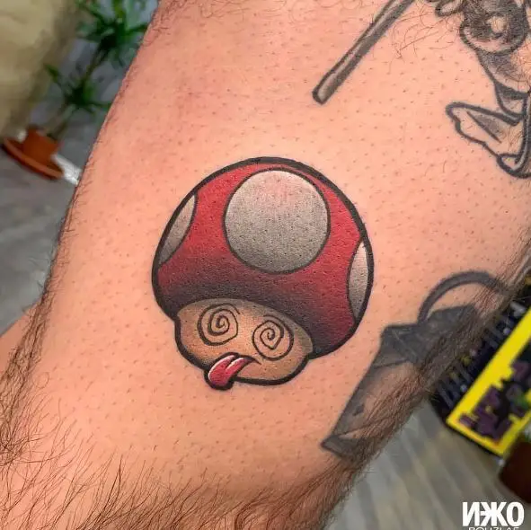 Red Super Mario Mushroom Thigh Tattoo