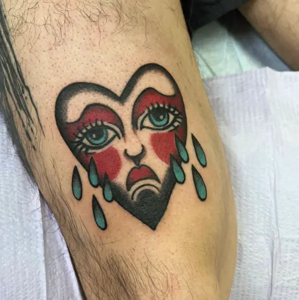 Colored Crying Heart Thigh Tattoo