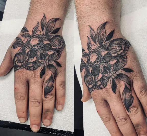 Leaves and Death Moth Hand Tattoo