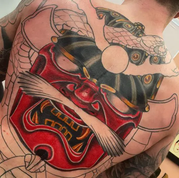 Snake and Red Samurai Mask Back Tattoo