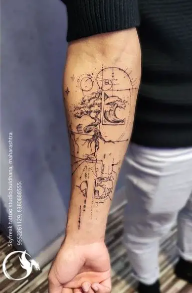 Tree and Ocean Wave Geometric Forearm Tattoo