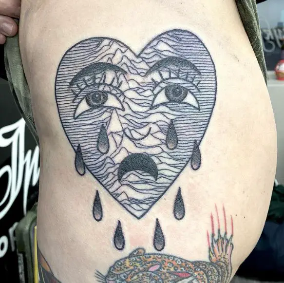 Crying Heart with Mountains Thigh Tattoo
