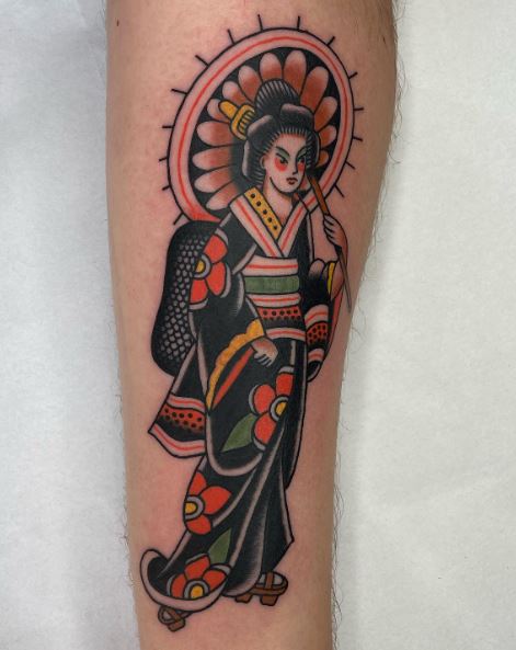 Colored Geisha with Umbrella Arm Tattoo