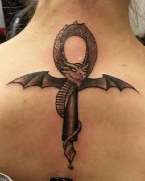Dragon in Shape of Ankh Back Tattoo