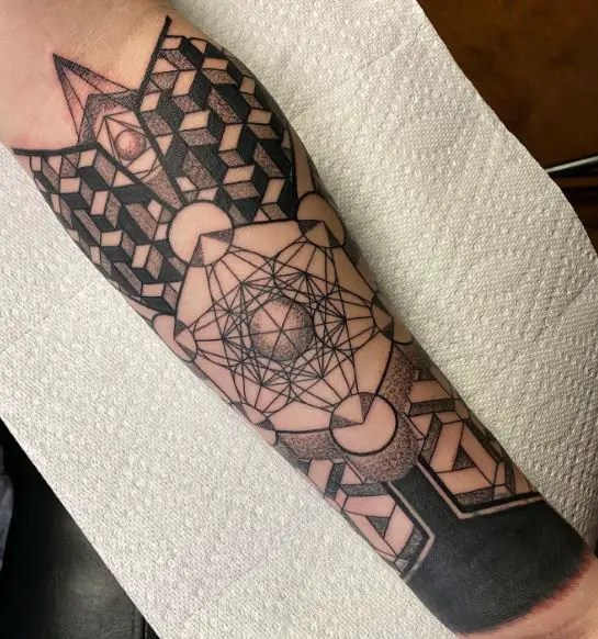 Black and Grey Geometric Forearm Sleeve Tattoo