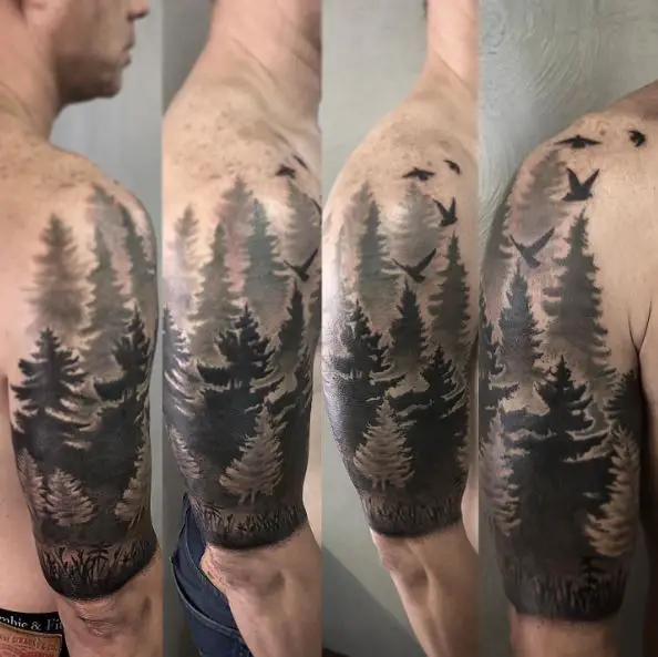 Birds and Pine Trees Arm Tattoo