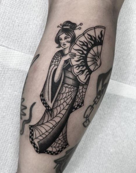 Black and Grey Geisha with Hand Fan Arm Tattoo