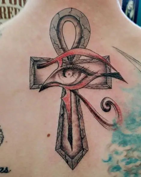 Colored Eye of Ra and Ankh Back Tattoo