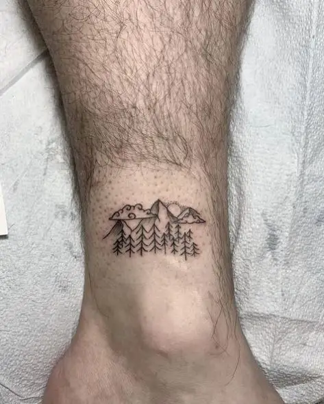 Minimalistic Mountain and Pine Trees Ankle Tattoo