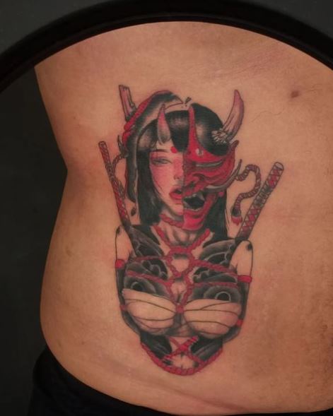 Devil and Lady Samurai Belly Tattoo